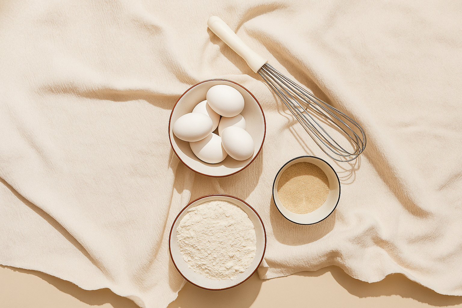 Ingredientes de repostería: huevos, harina y utensilios sobre tela clara