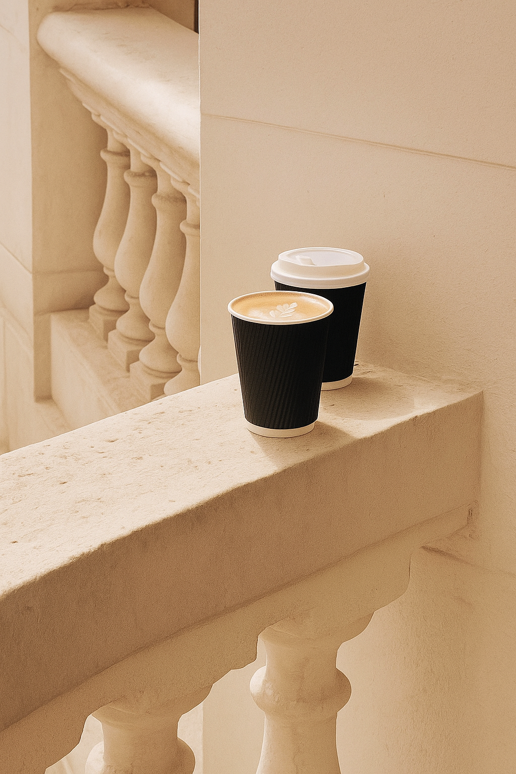 Dos tazas de café sobre una repisa de piedra con balaustrada decorativa al fondo