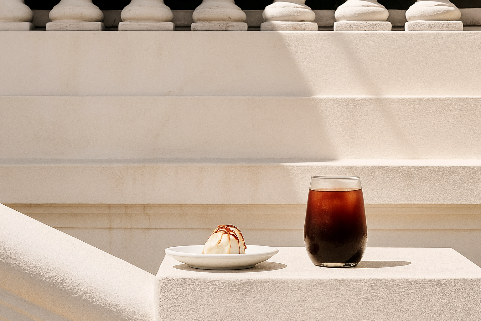 Café frío con postre sobre fondo arquitectónico blanco