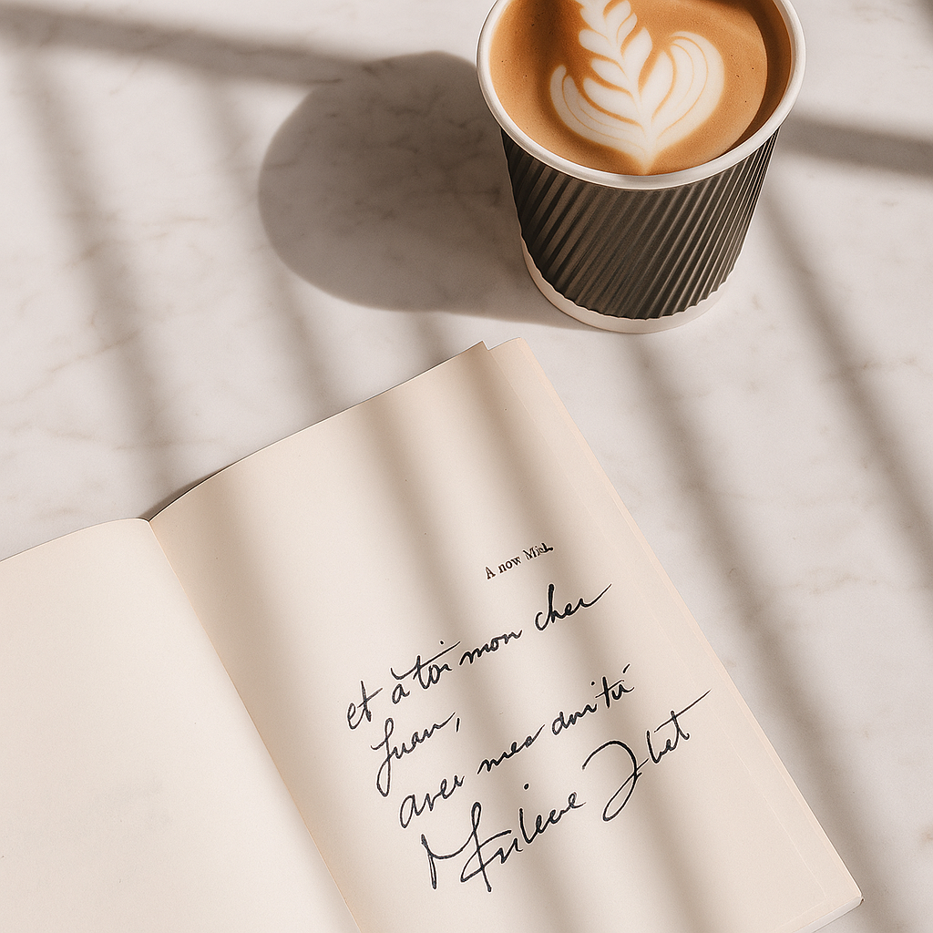 Mesa de mármol con café con latte art y libro abierto con sombras suaves